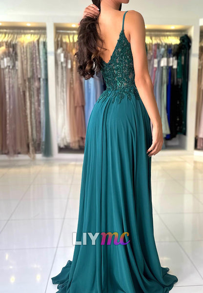 V-Neck Spaghetti Straps Appliques A-Line Prom Dress