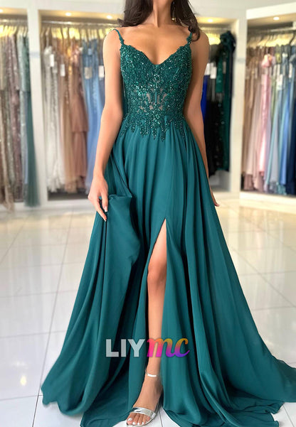 V-Neck Spaghetti Straps Appliques A-Line Prom Dress