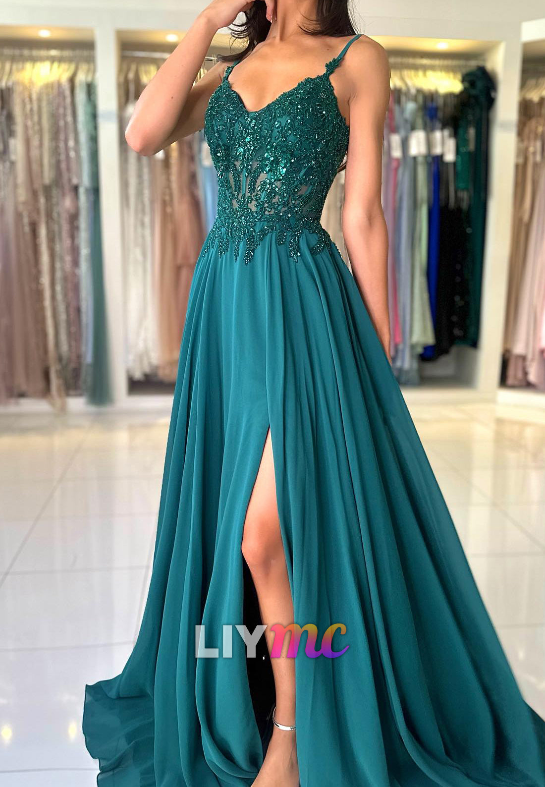 V-Neck Spaghetti Straps Appliques A-Line Prom Dress