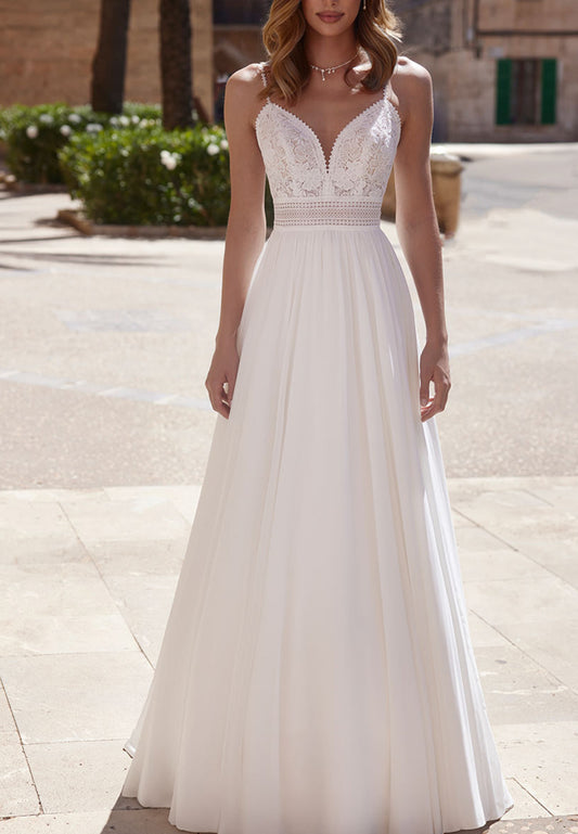 V-Neck Spaghetti Straps Appliques Chiffon A-Line Boho Wedding Dress