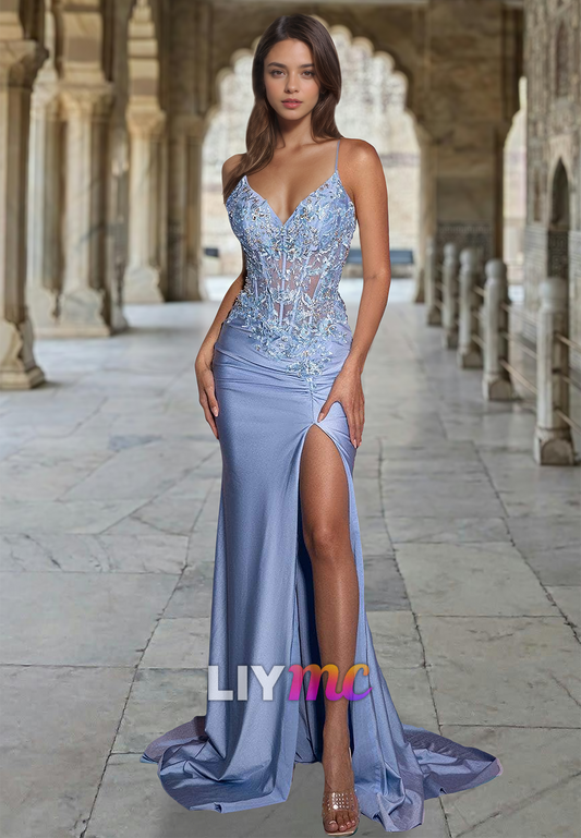 V-Neck Spaghetti Straps Appliques High Slit Sheath Prom Dress