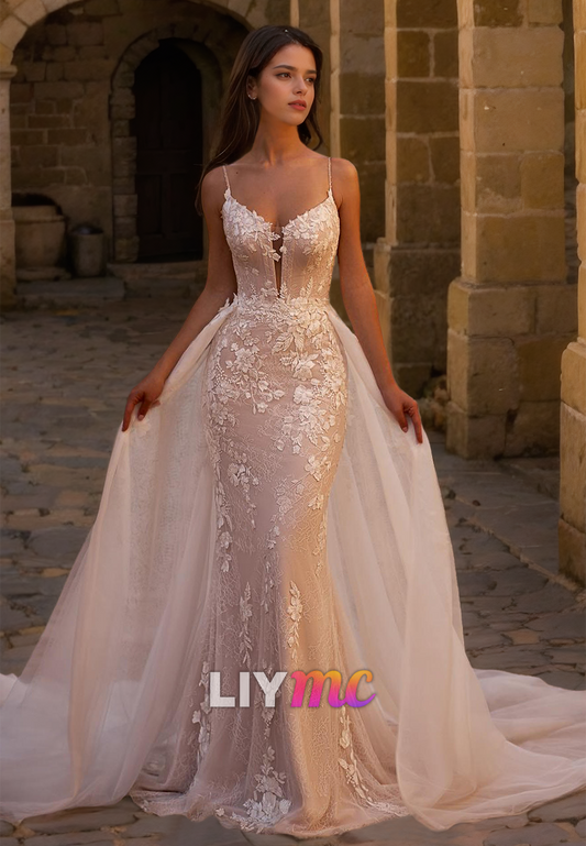 V-Neck Spaghetti Straps Appliques Mermaid Elegant Wedding Dress