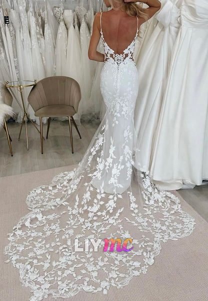 V-Neck Spaghetti Straps Appliques Mermaid Summer Wedding Dress