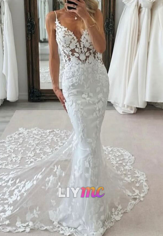 V-Neck Spaghetti Straps Appliques Mermaid Summer Wedding Dress