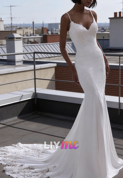 V-Neck Spaghetti Straps Appliques Mermaid Wedding Dress