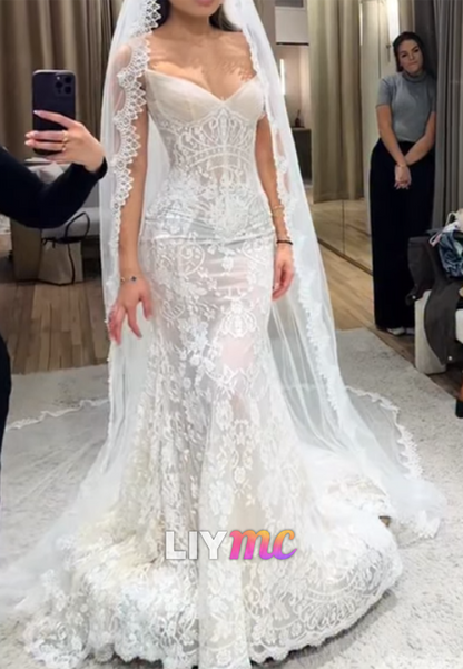 V-Neck Spaghetti Straps Appliques Mermaid Wedding Dress