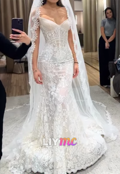 V-Neck Spaghetti Straps Appliques Mermaid Wedding Dress