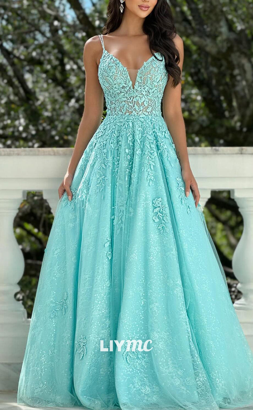 LP2172 - V-Neck Spaghetti Straps Appliques Pleatd A-Line Prom Dress