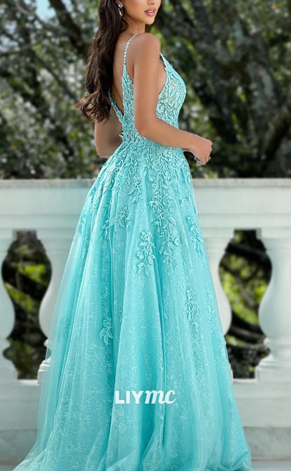 LP2172 - V-Neck Spaghetti Straps Appliques Pleatd A-Line Prom Dress