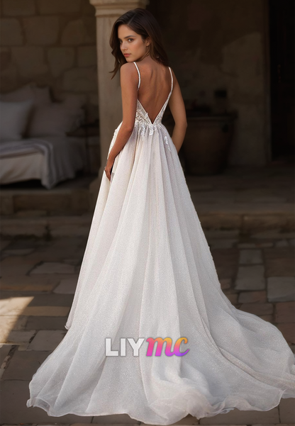 V-Neck Spaghetti Straps Appliques Pleated A-Line Wedding Dress