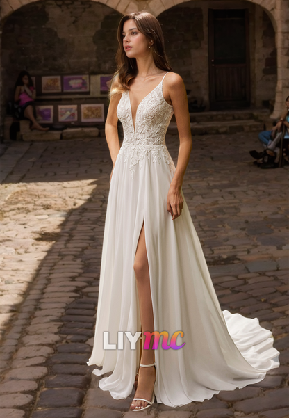 V-Neck Spaghetti Straps Appliques Pleated A-Line Wedding Dress