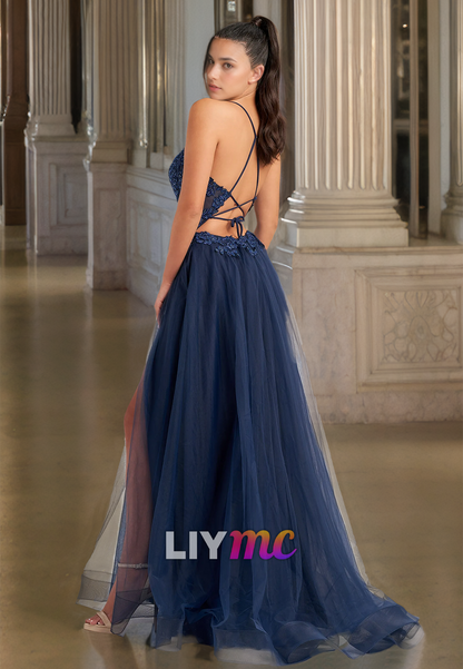 V-Neck Spaghetti Straps Appliques Pleated Tulle A-Line Prom Dress