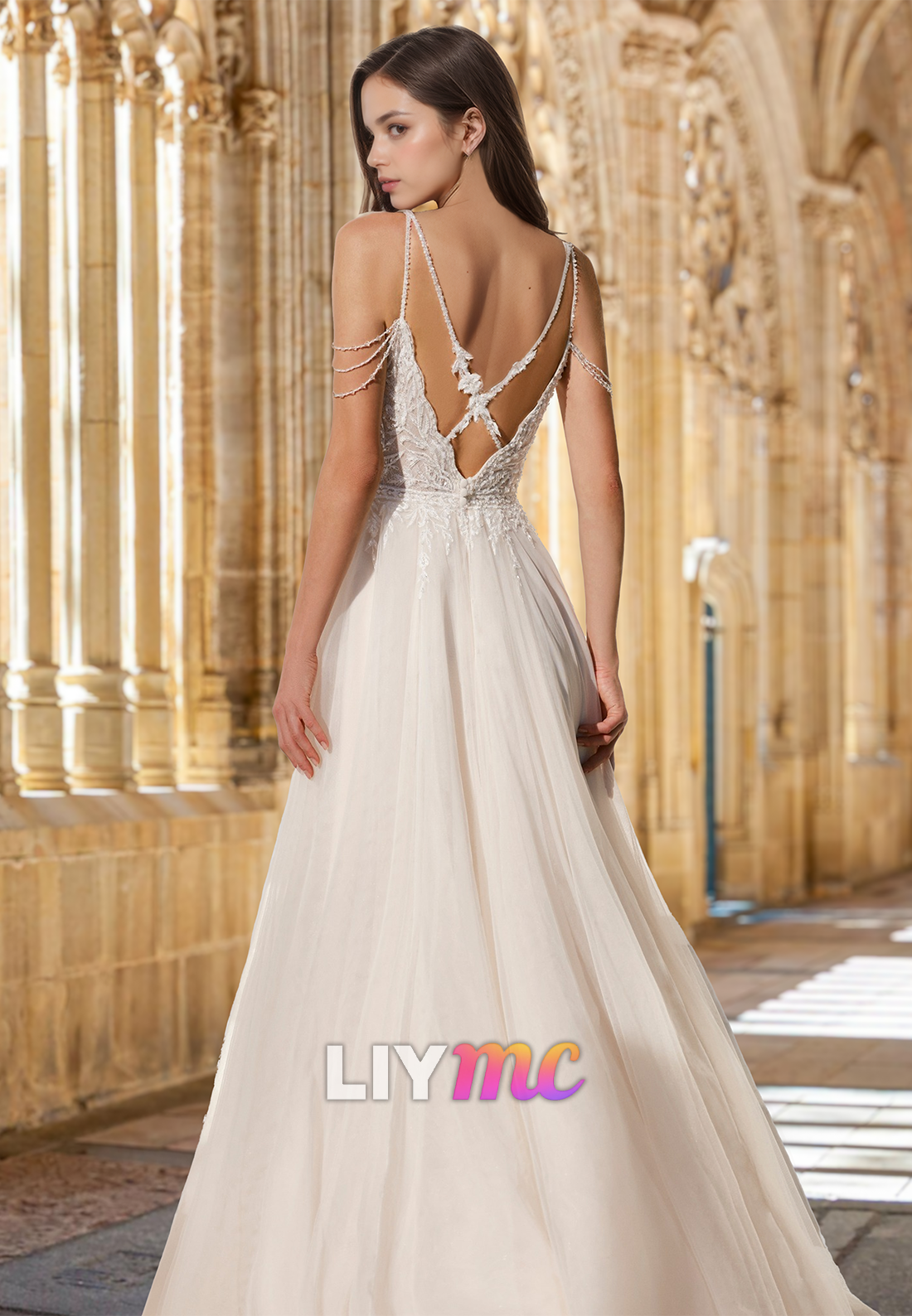 V-Neck Spaghetti Straps Appliques Side Slit A-Line Wedding Dress