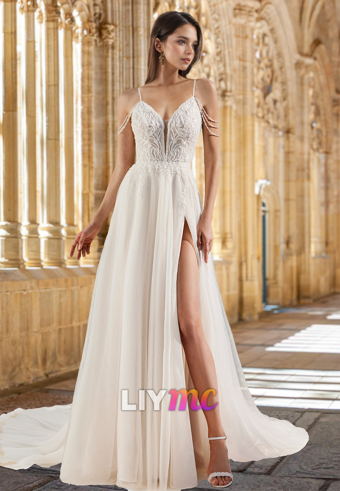 V-Neck Spaghetti Straps Appliques Side Slit A-Line Wedding Dress