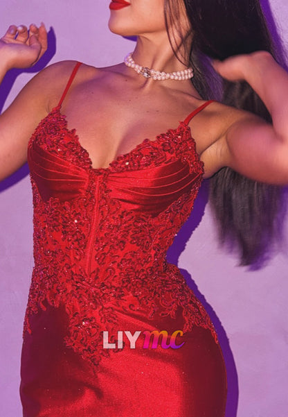 V-Neck Spaghetti Straps Appliques Sparkly Mermaid Prom Dress