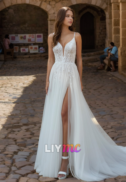 V-Neck Spaghetti Straps Appliques Tulle A-Line Beach Wedding Dress