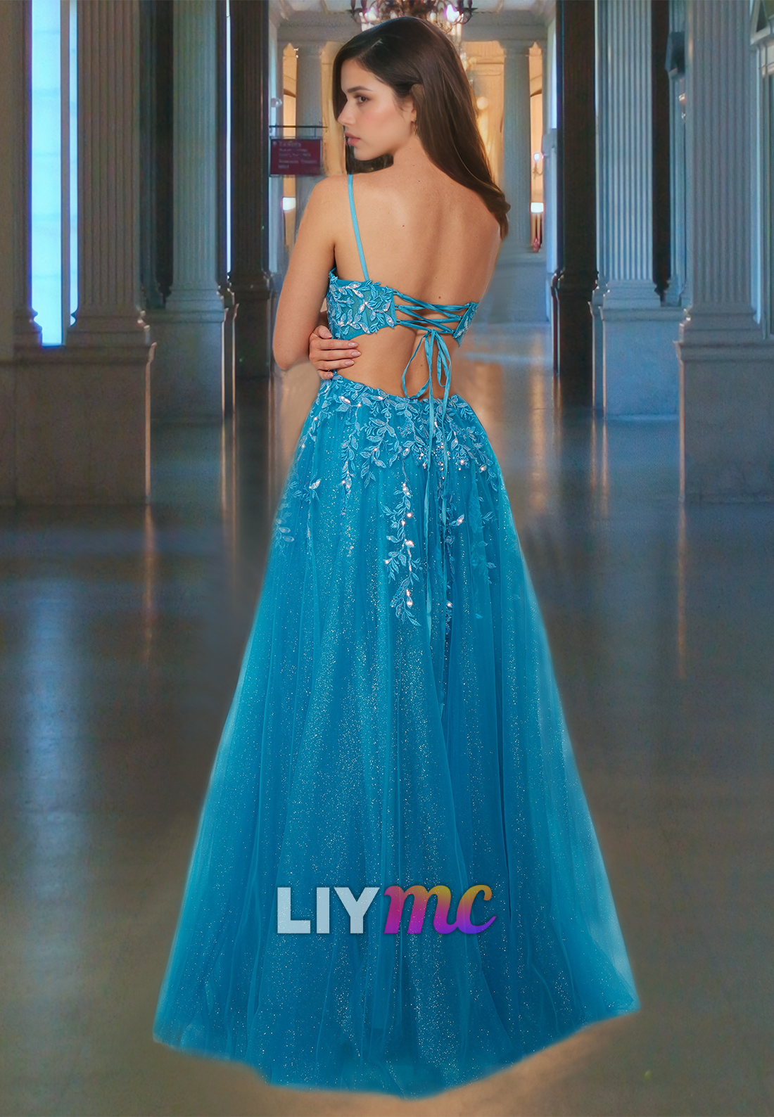 V-Neck Spaghetti Straps Appliques Tulle A-Line Prom Dress