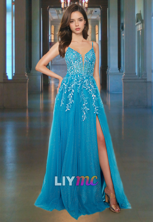 V-Neck Spaghetti Straps Appliques Tulle A-Line Prom Dress