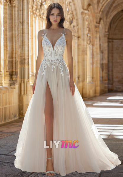 V-Neck Spaghetti Straps Appliques Tulle A-Line Wedding Dress