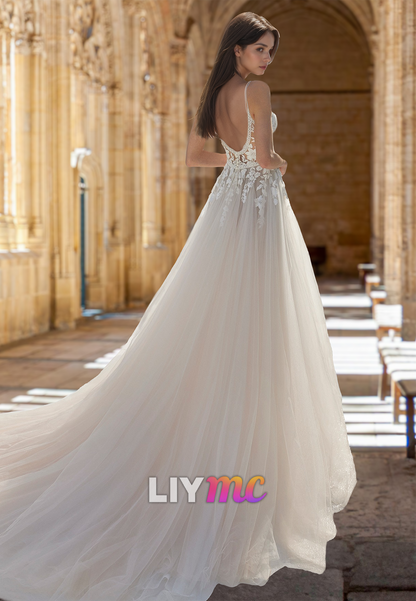 V-Neck Spaghetti Straps Appliques Tulle A-Line Wedding Dress