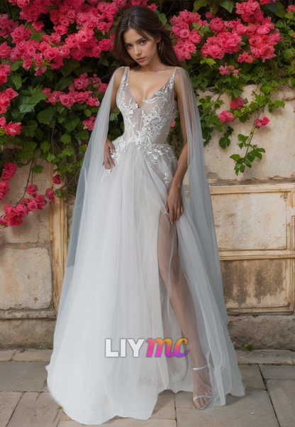 V-Neck Spaghetti Straps Appliques Tulle A-Line Wedding Dress