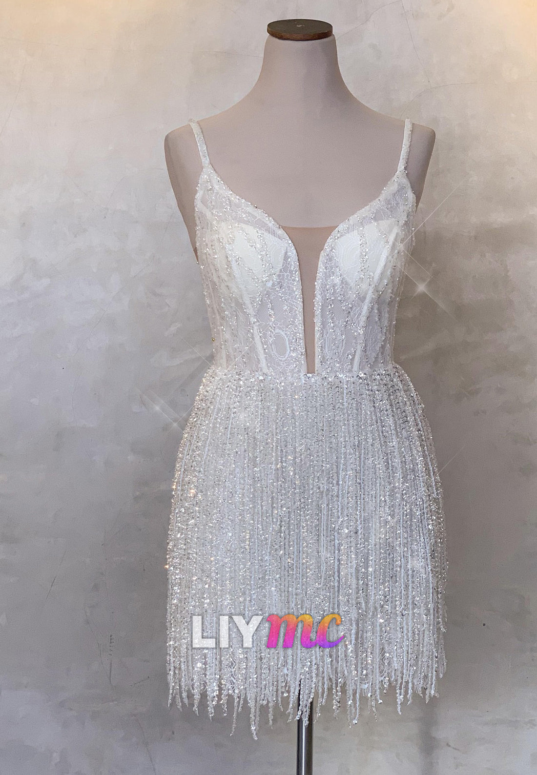 V-Neck Spaghetti Straps Beaded Fringe Sheath Sparkly Sheath Short Wedding Dress