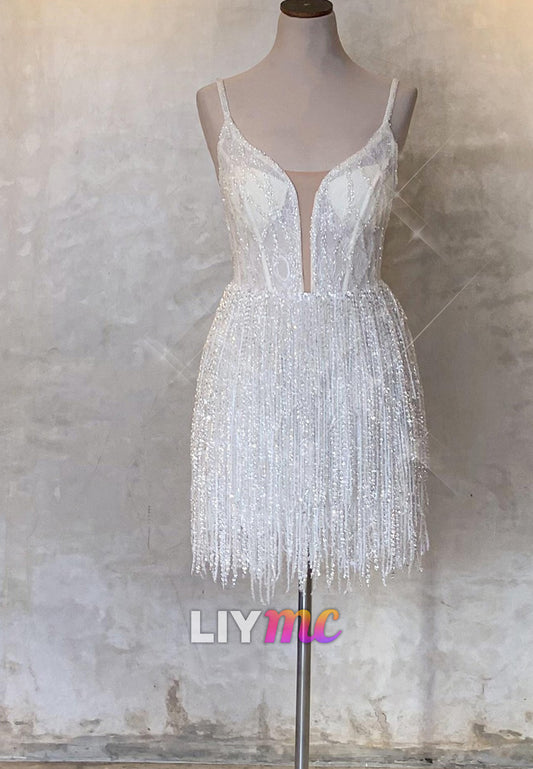 V-Neck Spaghetti Straps Beaded Fringe Sheath Sparkly Sheath Short Wedding Dress
