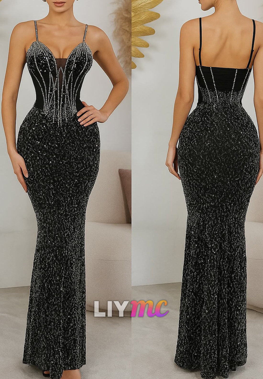 V-Neck Spaghetti Straps Beaded Mermaid Prom Dress