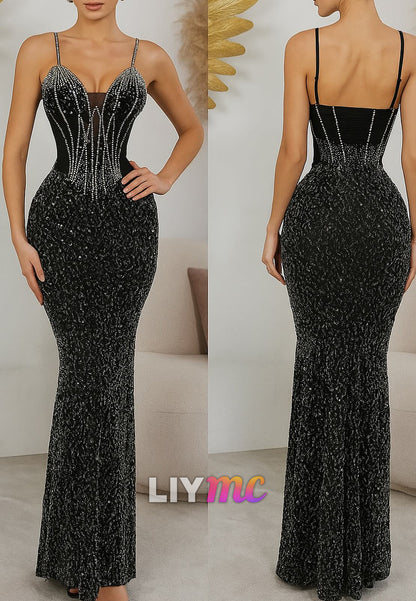 V-Neck Spaghetti Straps Beaded Mermaid Prom Dress