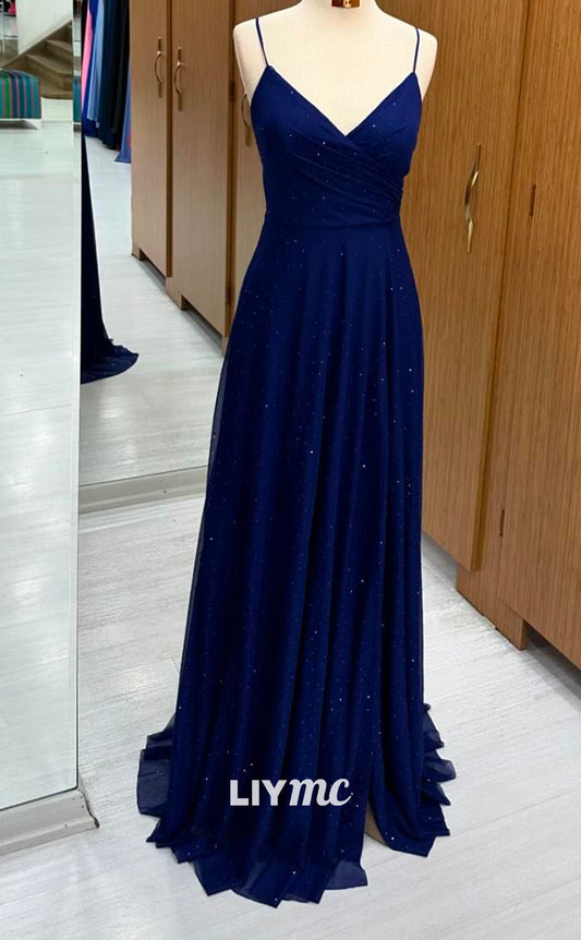 LP2243 - V-Neck Spaghetti Straps Beaded Pleated A-Line Cocktail Dress Prom Dress