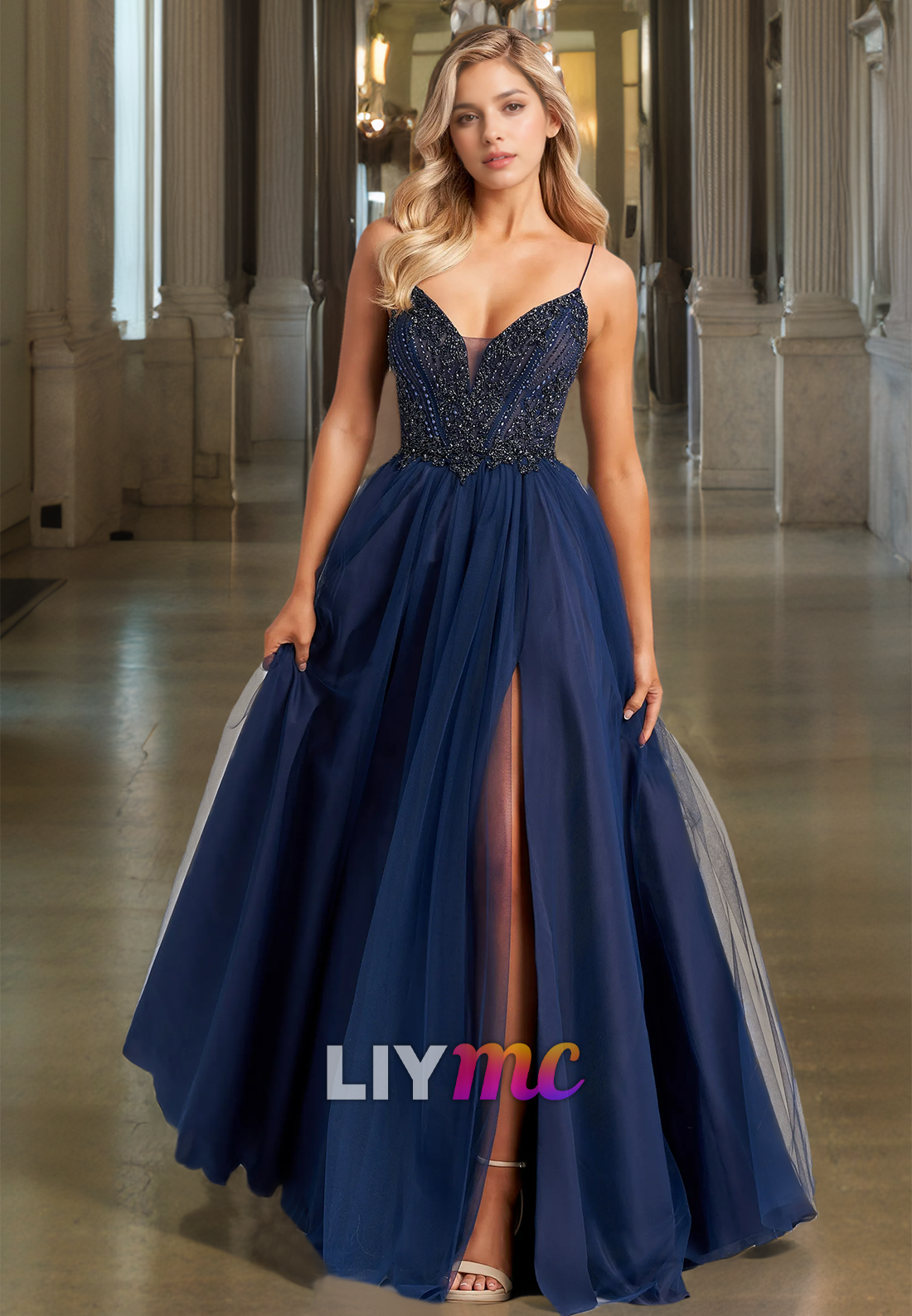 V-Neck Spaghetti Straps Beaded Pleated A-Line Prom Dress