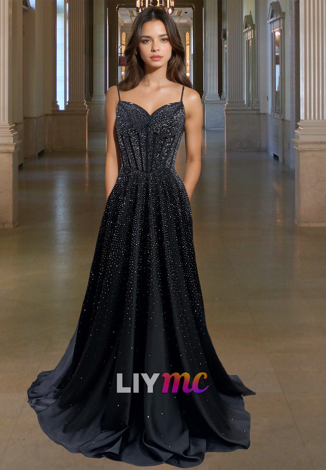 V-Neck Spaghetti Straps Beaded Pleated A-Line Sparkly Prom Dress