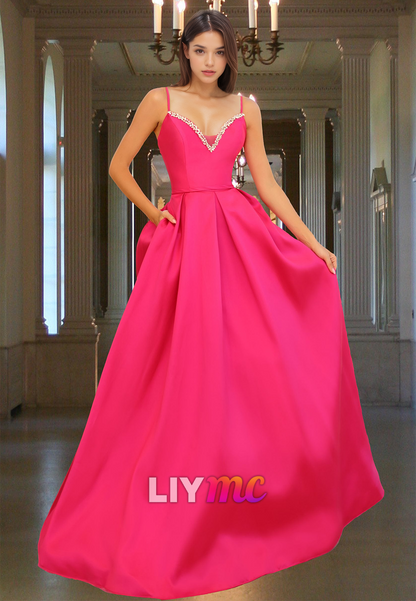 V-Neck Spaghetti Straps Beaded Pleated Satin A-Line Prom Dress