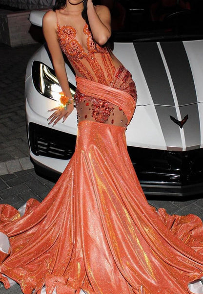 V-Neck Spaghetti Straps Beaded Pleated Sparkly Mermaid Prom Dress for Black Girls