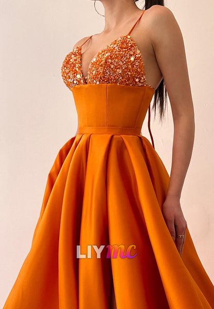 V-Neck Spaghetti Straps Empire Waist A-Line Prom Dress