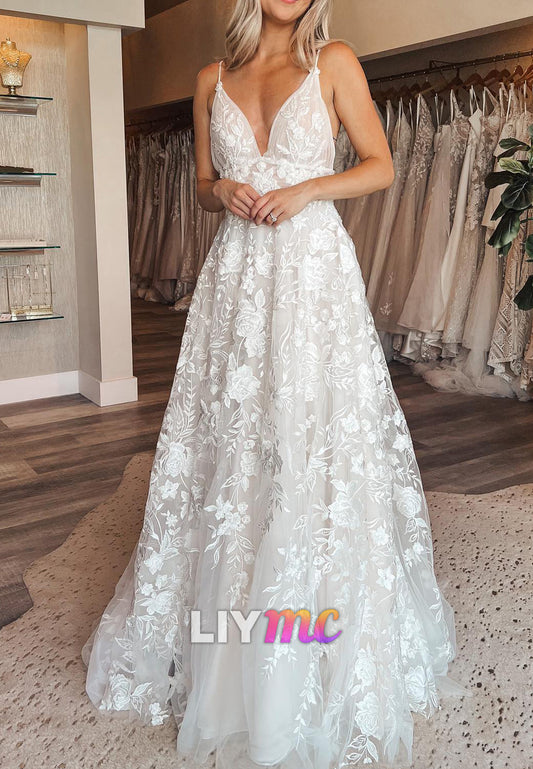 V-Neck Spaghetti Straps Empire Waist Appliques A-Line Wedding Dress