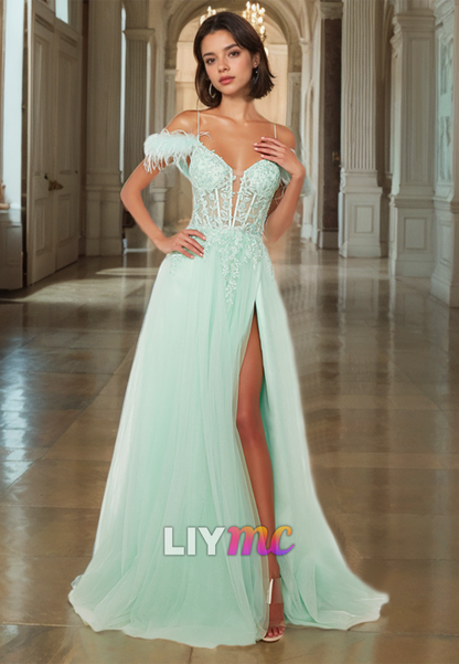 V-Neck Spaghetti Straps Feathered Appliques Tulle A-Line Prom Dress