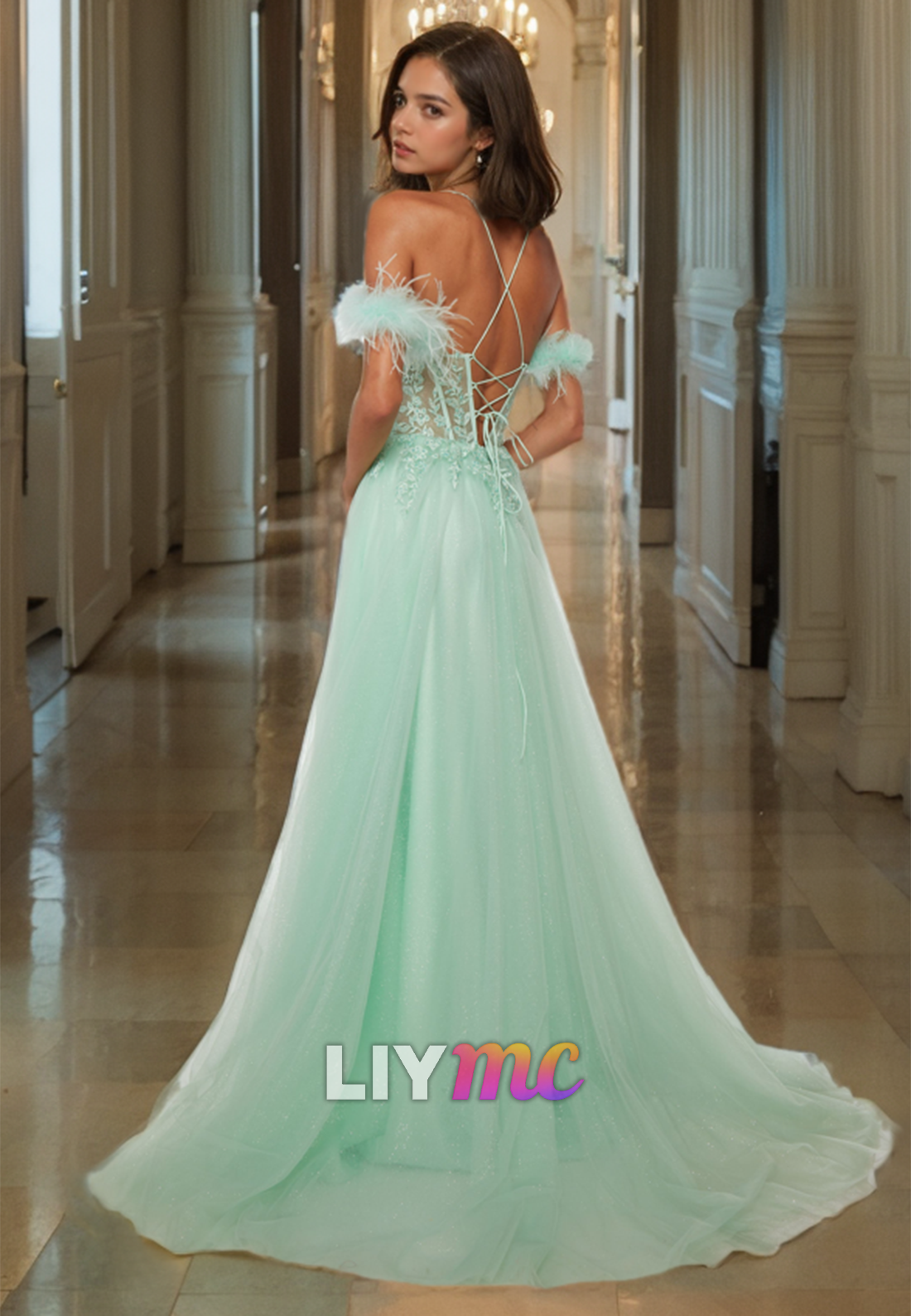 V-Neck Spaghetti Straps Feathered Appliques Tulle A-Line Prom Dress