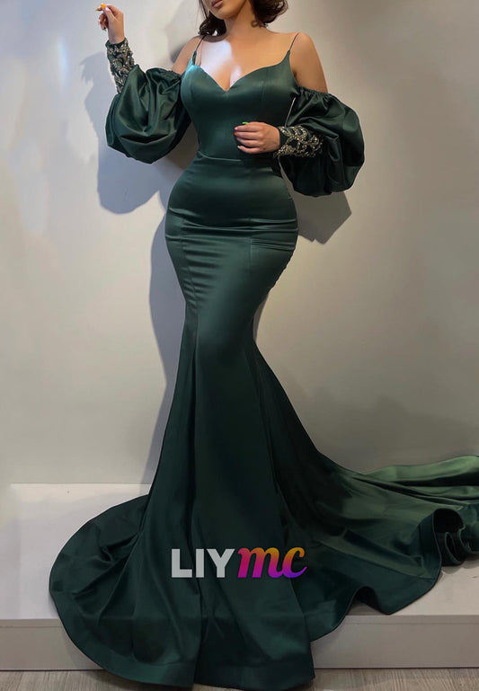 V-Neck Spaghetti Straps Fitted Mermaid Long Sleeves Evening Dresss