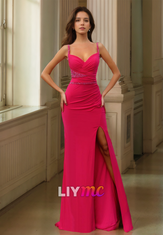 V-Neck Spaghetti Straps Fitted Side Slit Sheath Formal Dress