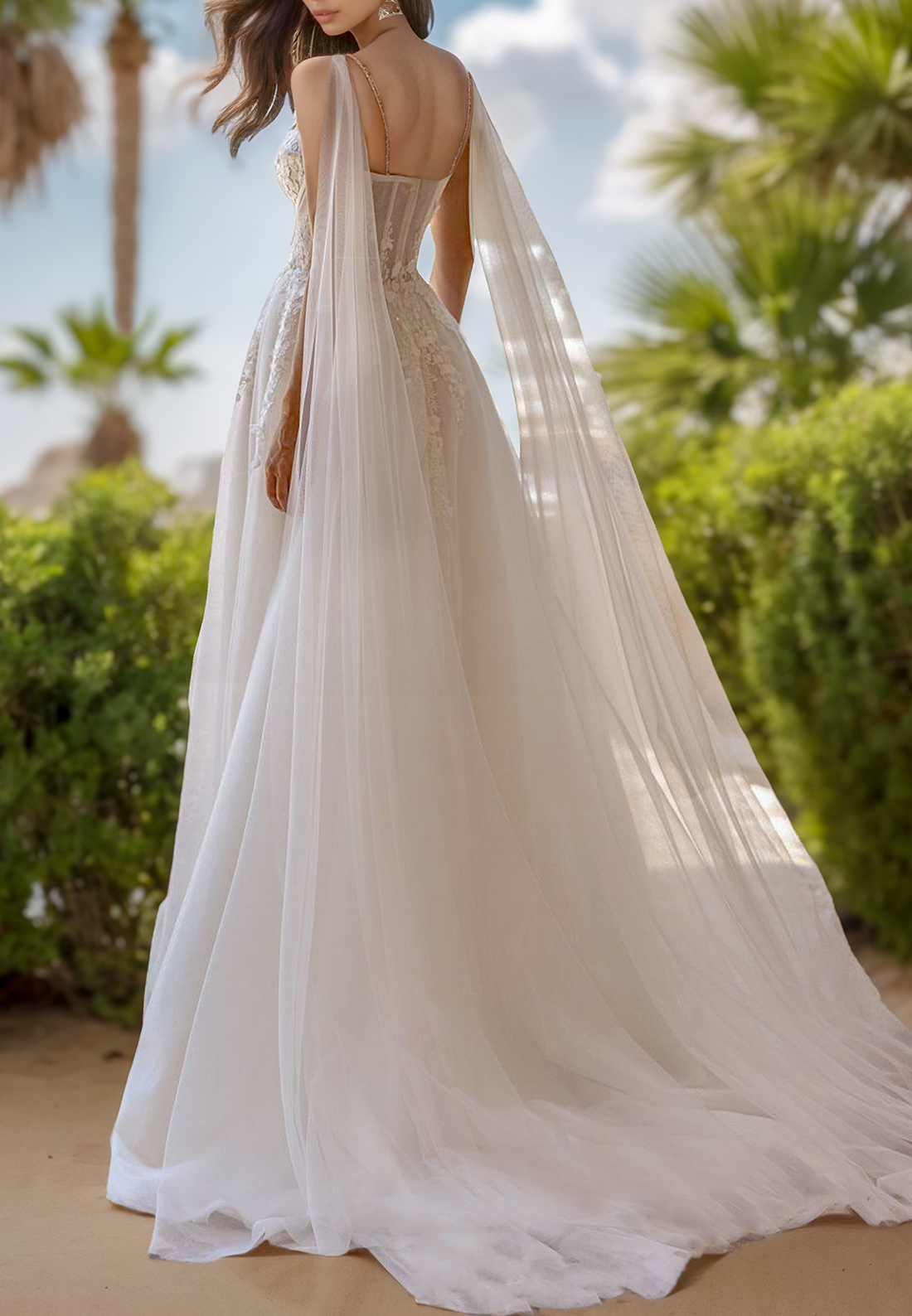 V-Neck Spaghetti Straps Floral Appliques A-Line Wedding Dress