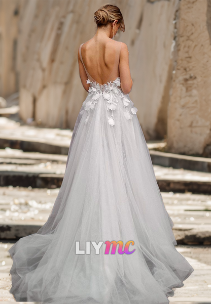 V-Neck Spaghetti Straps Floral Embellished Tulle A-Line Wedding Dress