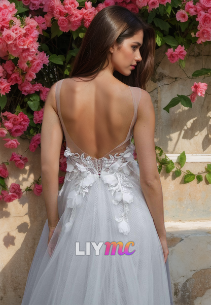 V-Neck Spaghetti Straps Floral Embellished Tulle A-Line Wedding Dress