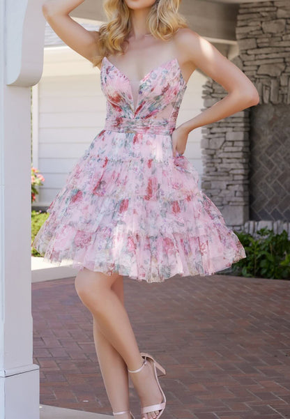 V-Neck Spaghetti Straps Floral Printed A-Line Party Homecoming Dress