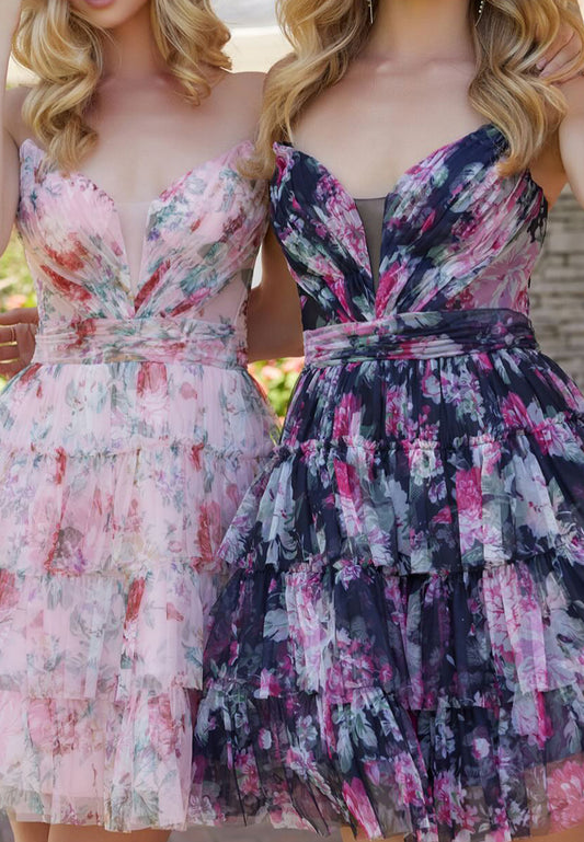 V-Neck Spaghetti Straps Floral Printed A-Line Party Homecoming Dress