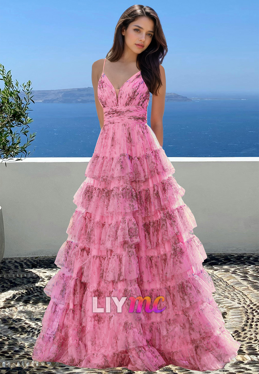 V-Neck Spaghetti Straps Floral Tiered A-Line Prom Dress