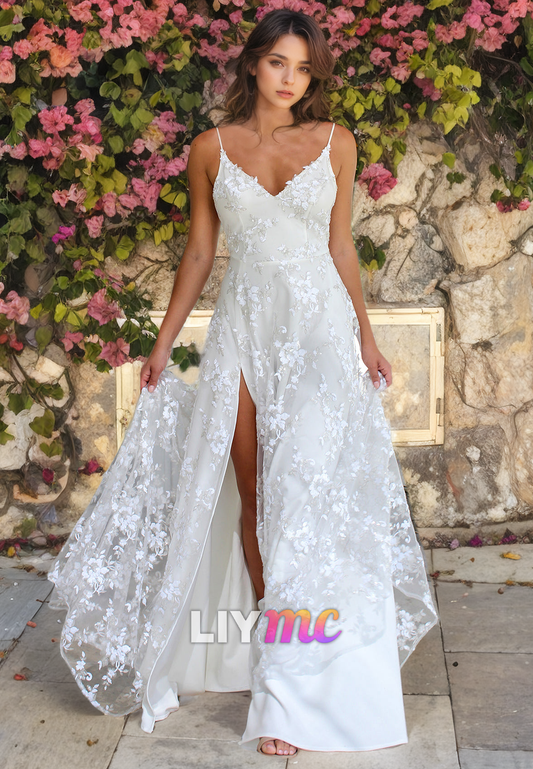 V-Neck Spaghetti Straps High Slit Appliques A-Line Beach Wedding Dress