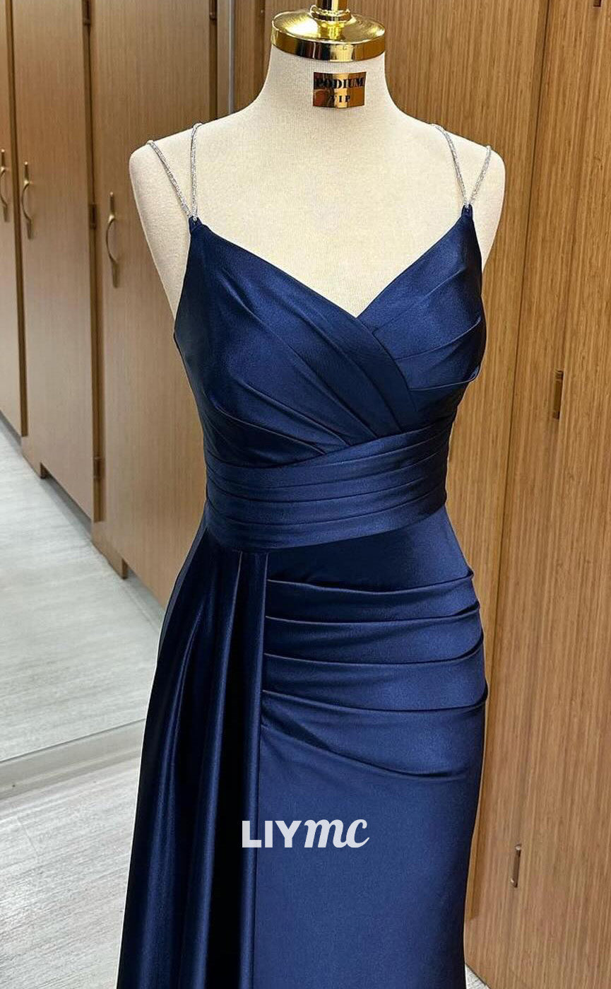 LP1967 - V-Neck Spaghetti Straps High Waist Pleated Ruched Sleek Satin Long Prom Dress