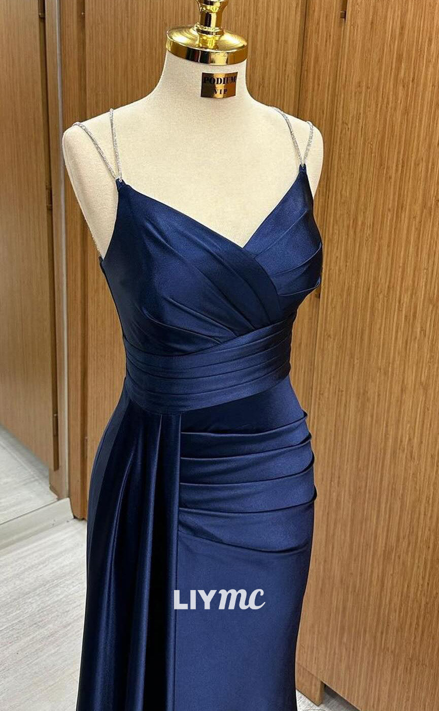 LP1967 - V-Neck Spaghetti Straps High Waist Pleated Ruched Sleek Satin Long Prom Dress