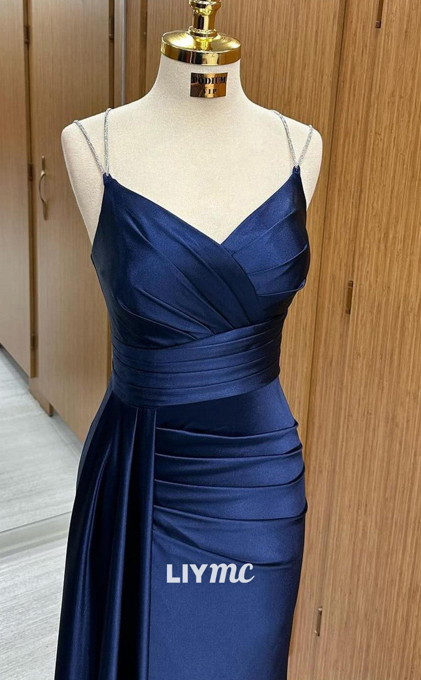 LP1967 - V-Neck Spaghetti Straps High Waist Pleated Ruched Sleek Satin Long Prom Dress